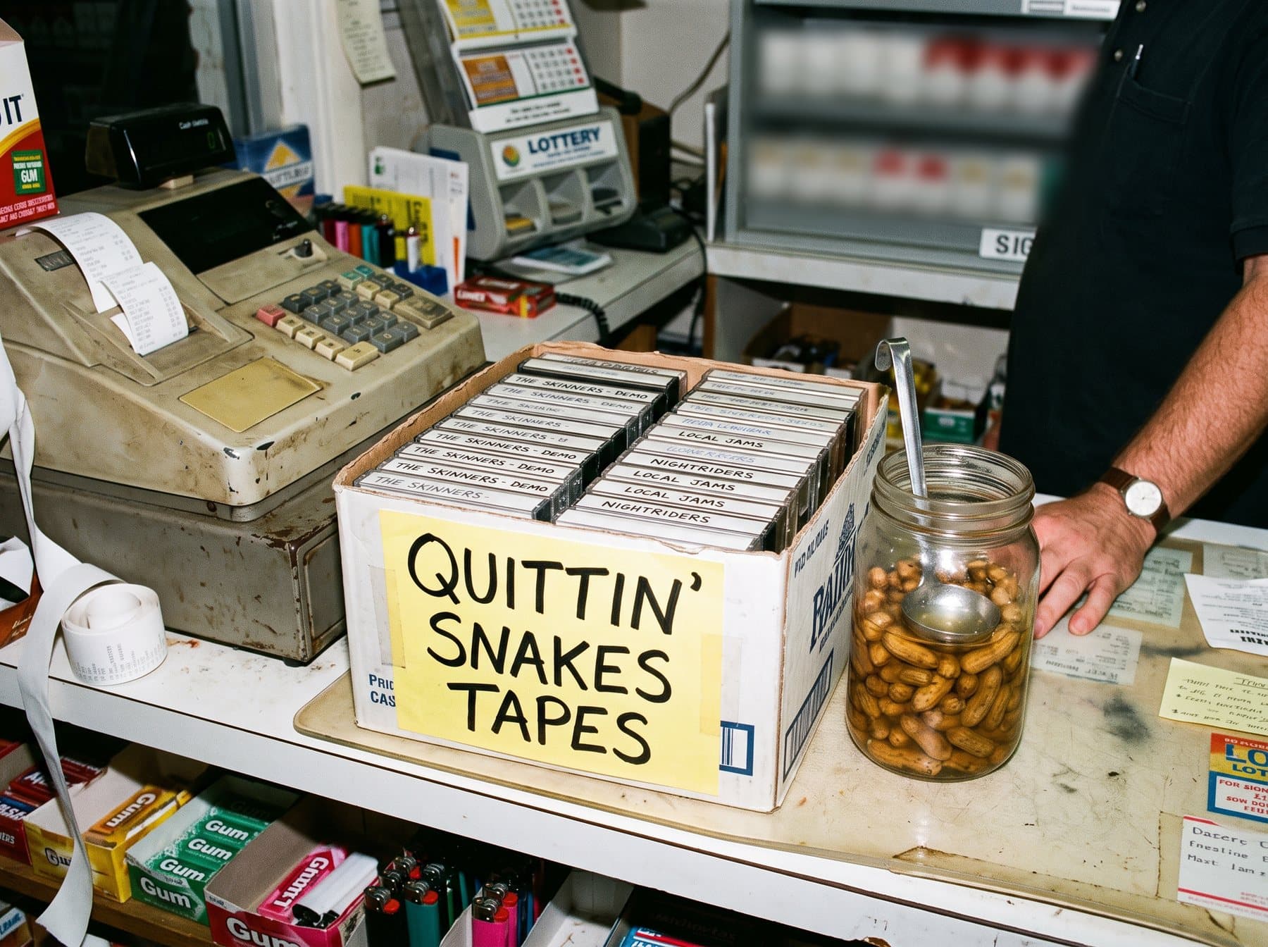 Cassette tapes in a cardboard box on a gas station counter with a hand-lettered sign