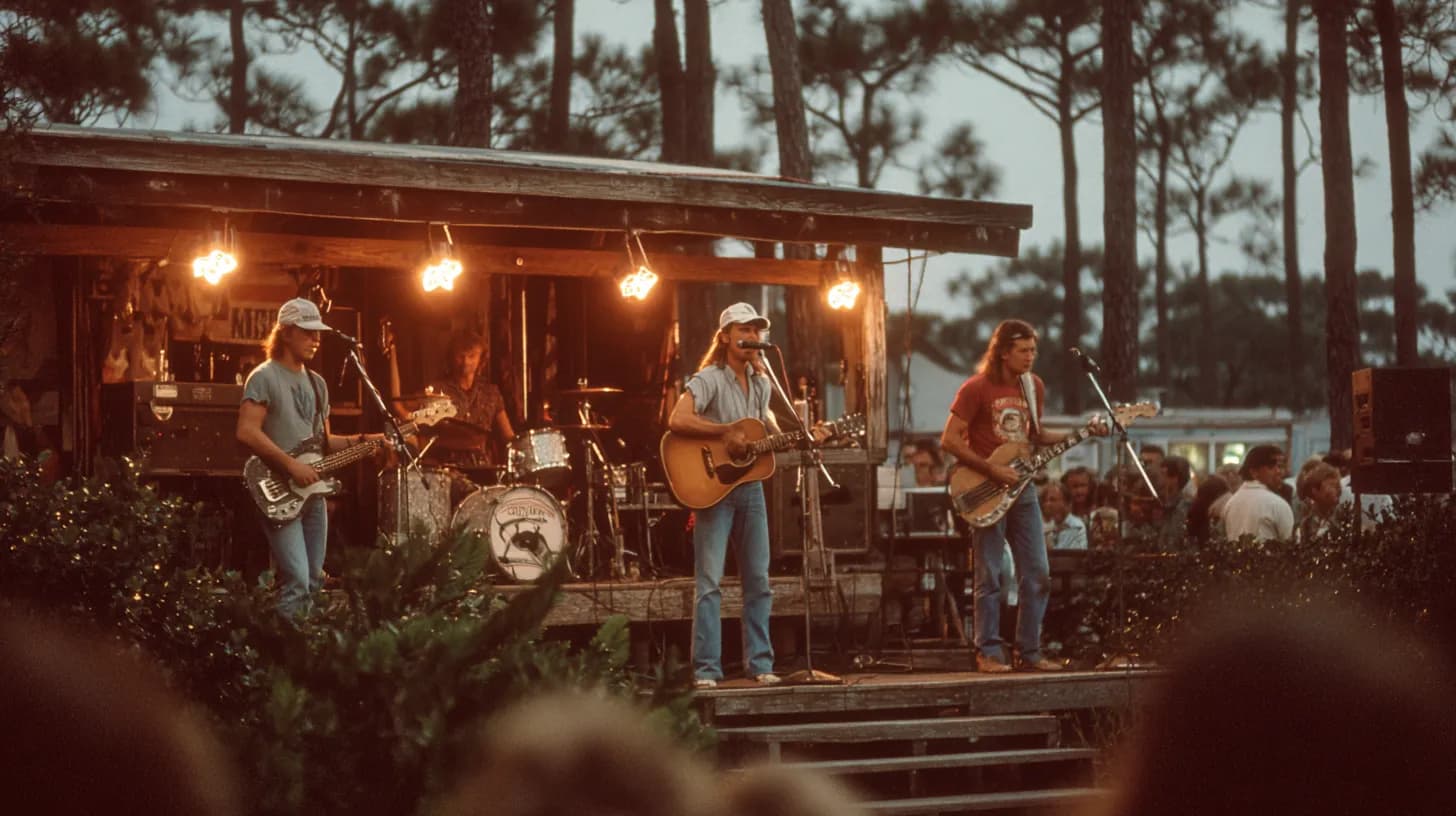 Quittin' Snakes playing an open-air stage under string lights among the pines