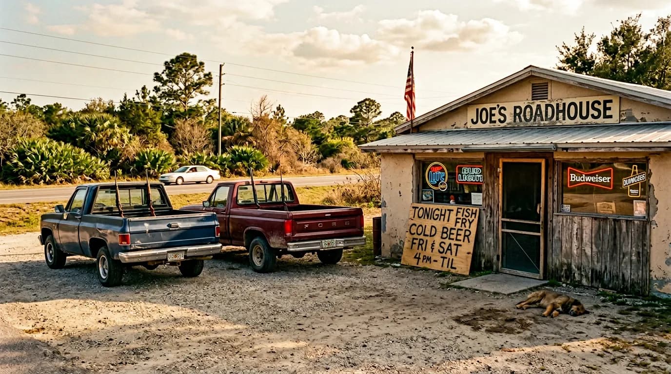 Two pickup trucks parked outside a roadside building in northeast Florida