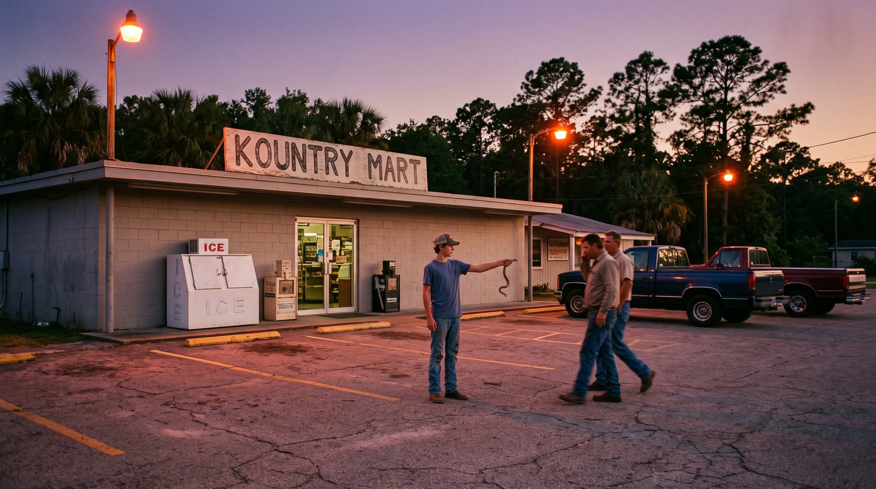 A convenience store parking lot at dusk under sodium lights